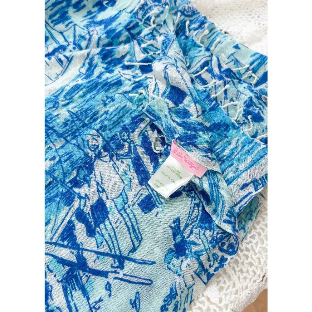 Lilly Pulitzer Silk & Cashmere Blue White Fresh Catch Print Scarf
